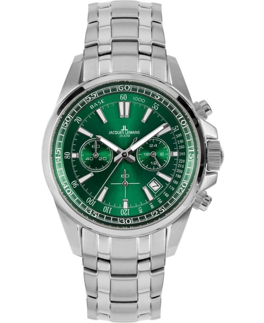 Men Klassisch Diver Quartz Analog Watch Chronograph JACQUES LEMANS 1-2117L Grün Dial 44mm
