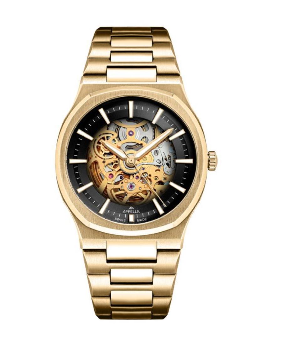 Men Classic Analog Luxury Swiss Watch Skeleton APPELLA Černá Dial 40mm L12006.1114AS