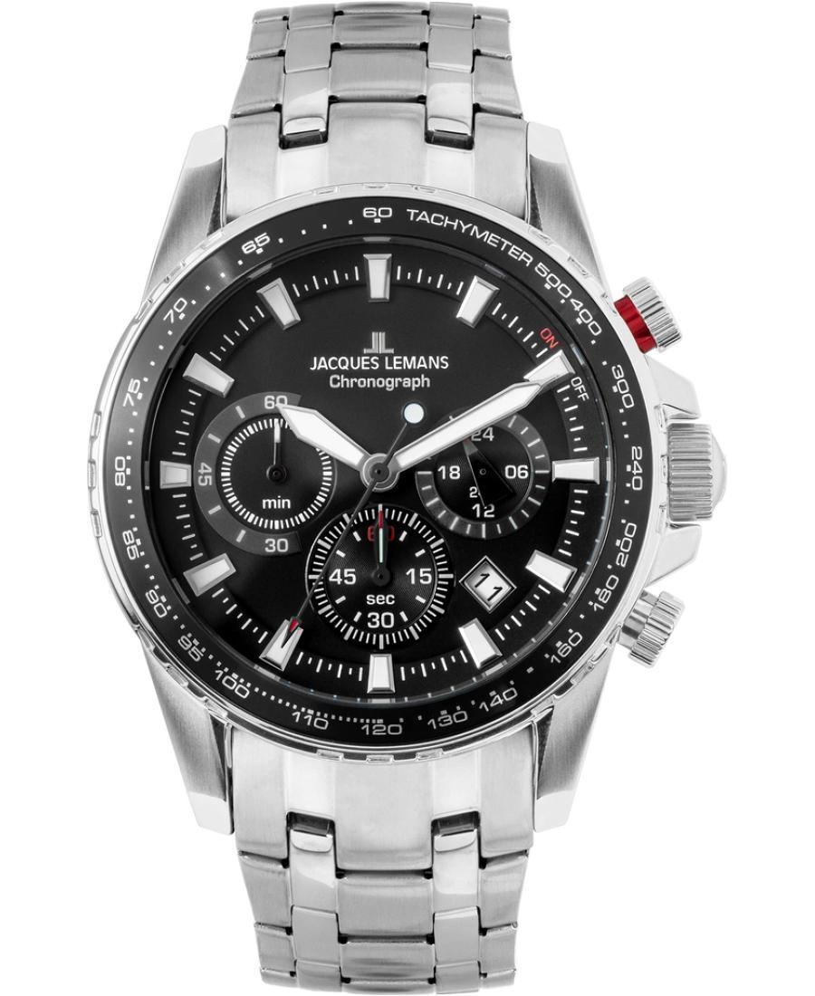 Men Klassisch Quartz Watch Chronograph JACQUES LEMANS 1-2099D Schwarz Dial