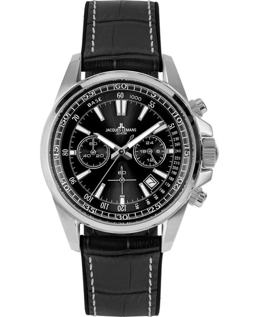 Men Classic Sports Diver Quartz Watch Chronograph JACQUES LEMANS 1-2117A Black Dial 44mm